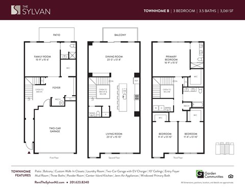 Floor plan for 3 beds, 3.5 baths, 3061 sqft